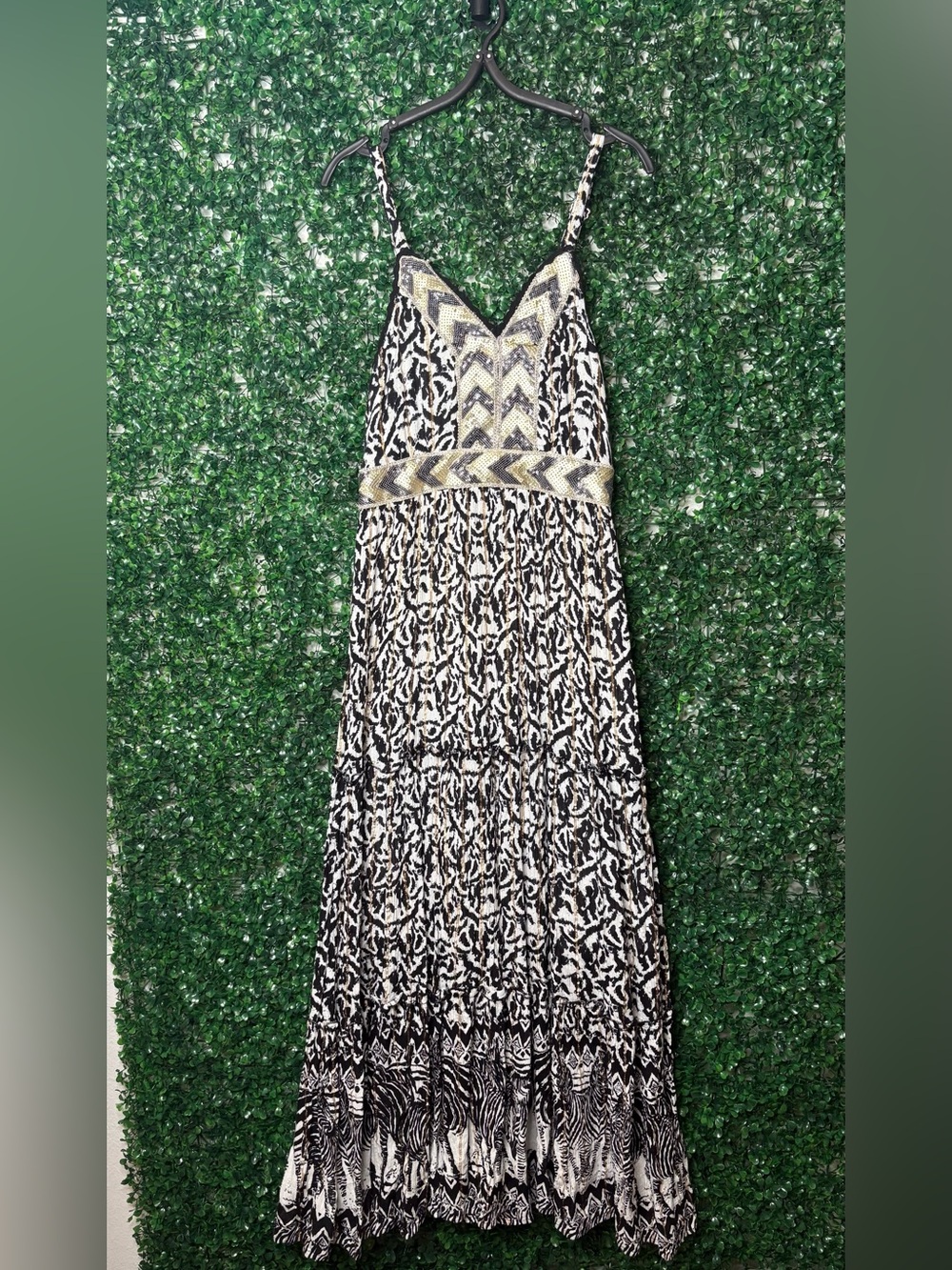 Me 2 Magic anthropologie Black and White Printed Maxi Dress with Metallic Accent